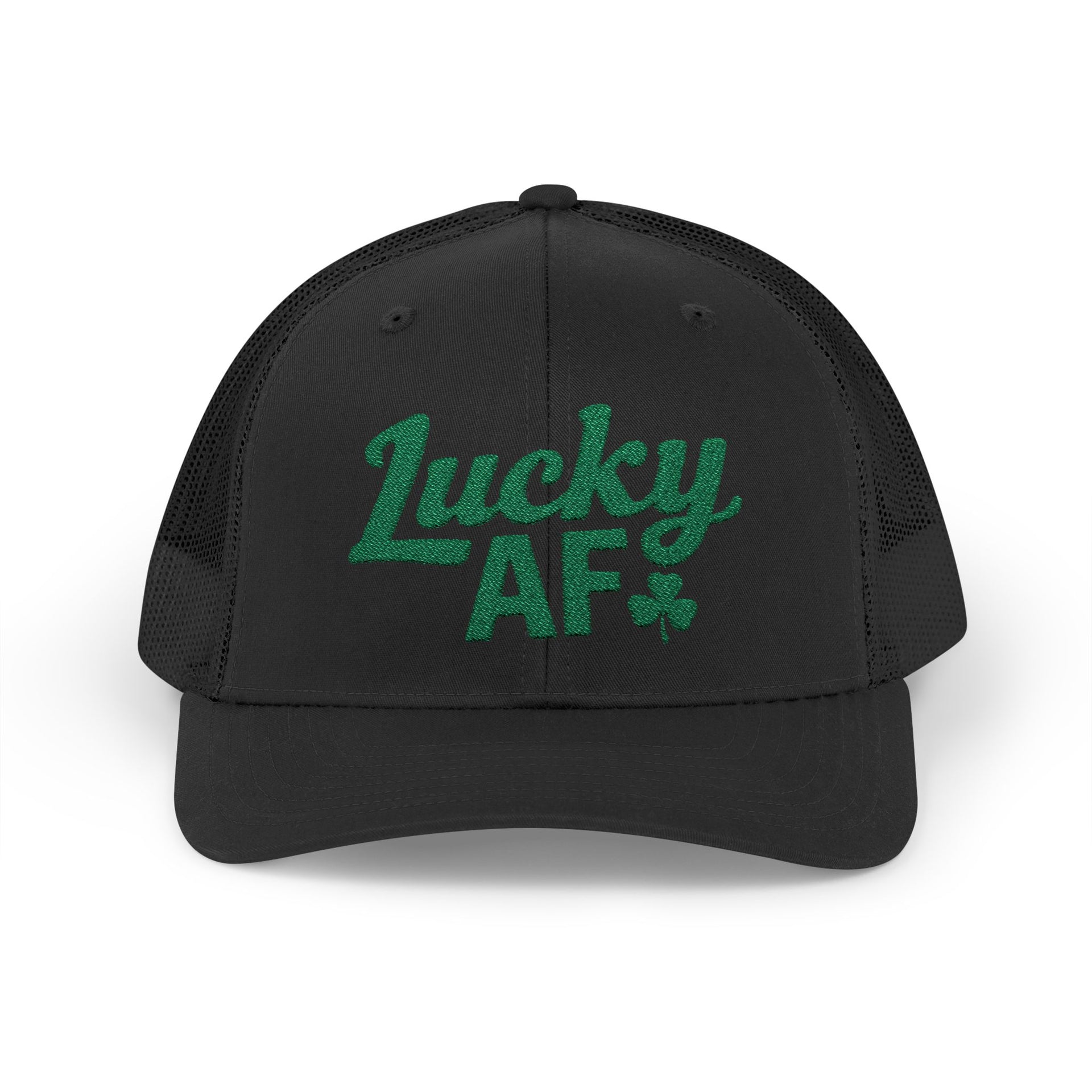  a black curved bill trucker hat with 'Lucky AF' text funny st patricks day pub crawl design