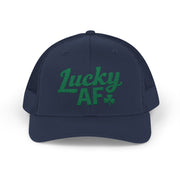  a navy curved bill trucker hat with 'Lucky AF' text funny st patricks day pub crawl design
