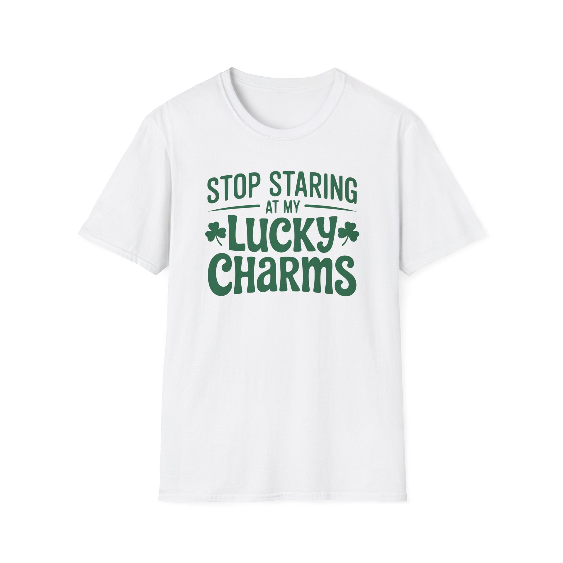 white t-shirt with the phrase "Stop Staring at my Lucky Charms" funny St Patricks Day design