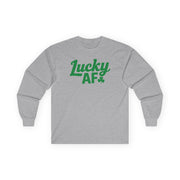 gray long-sleeve shirt with the phrase 'Lucky AF' funny St Patricks Day design.
