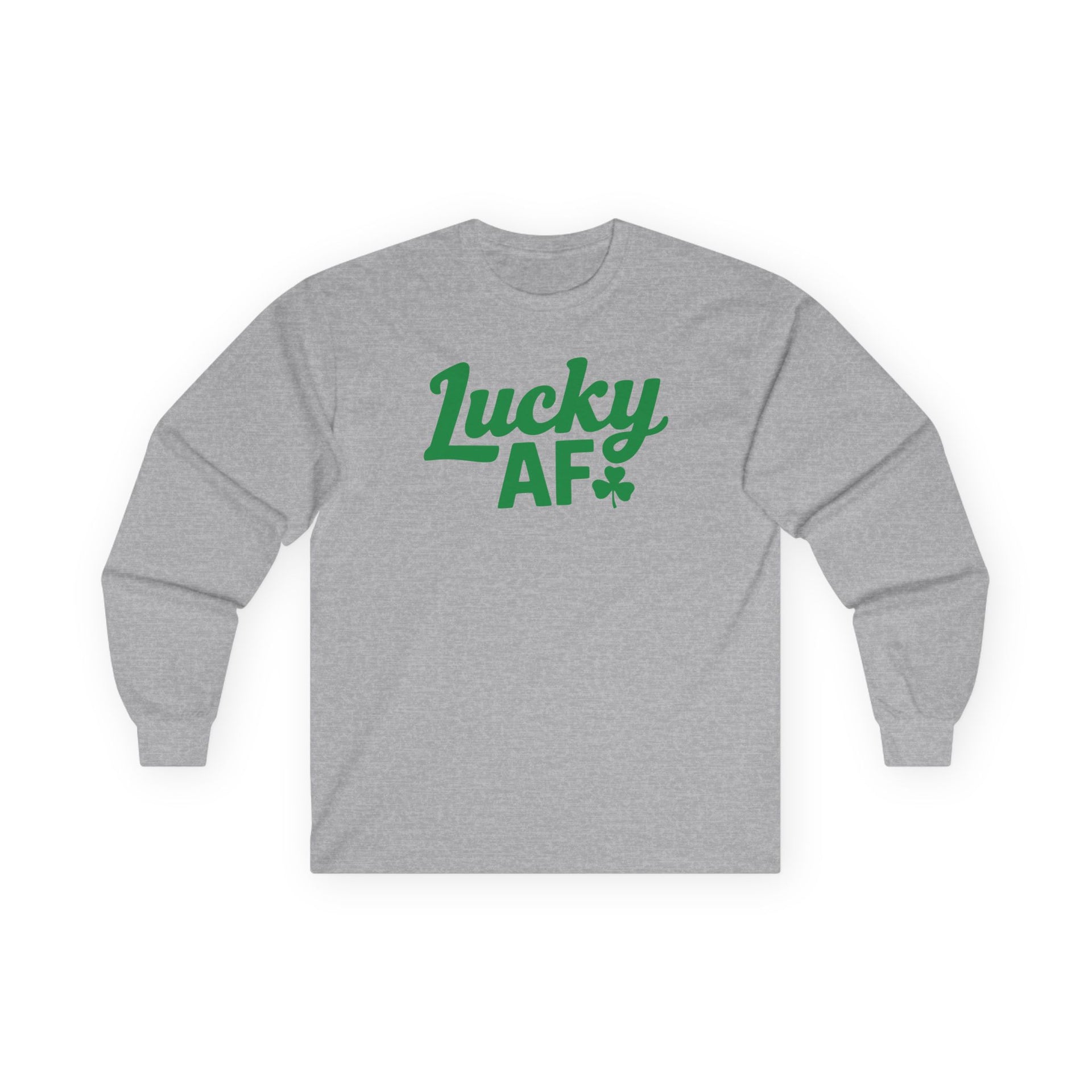 gray long-sleeve shirt with the phrase 'Lucky AF' funny St Patricks Day design.