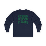 navy long-sleeve shirt with the phrase stop staring at my lucky charms funny st patricks day design