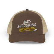 Woman wearing a brown and khaki curved trucker hat with embroidered text 'Bad Decisions Incoming'  funny Spring Break, Girls rips, Guys Trips, Beach Trips, Bachelor or Bachelorette design