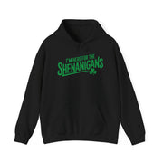 black hoodie with the phrase I'm here for the shenanigans funny st patricks day design