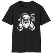 Funny Christmas Short Sleeve Shirt with Santa flipping his middle fingers and the text " Merry Kiss My Ass" - Black