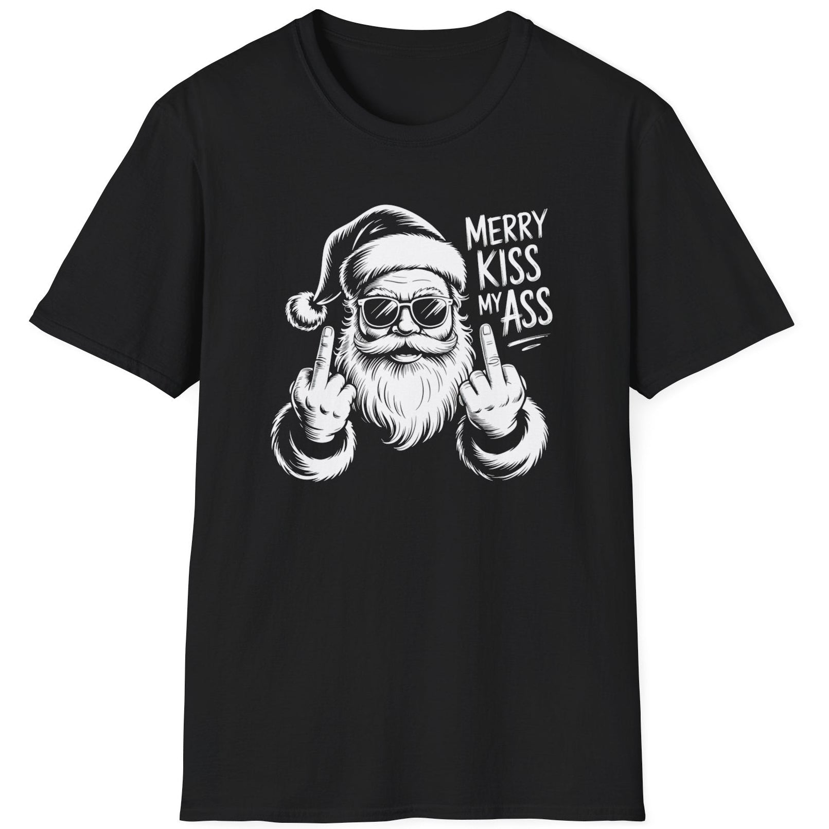 Funny Christmas Short Sleeve Shirt with Santa flipping his middle fingers and the text " Merry Kiss My Ass" - Black