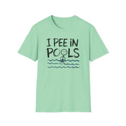 Mint green t-shirt with 'I Pee in Pools' text and graphic on a white background