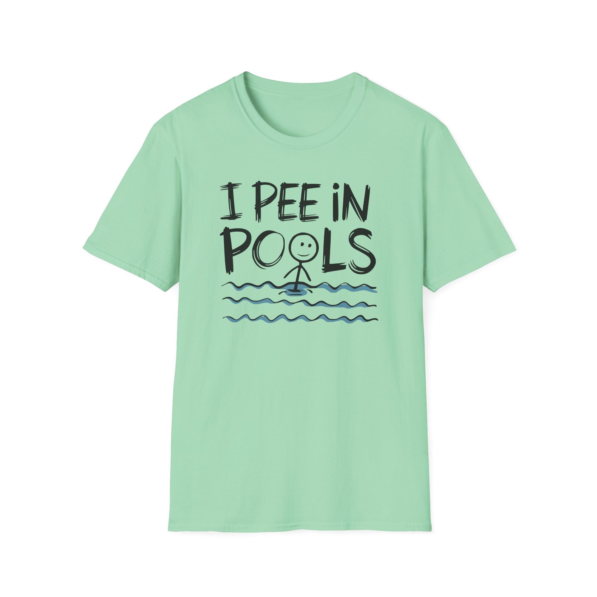 Mint green t-shirt with 'I Pee in Pools' text and graphic on a white background