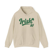 Beige hoodie with the phrase Irish AF funny St Patricks Day design