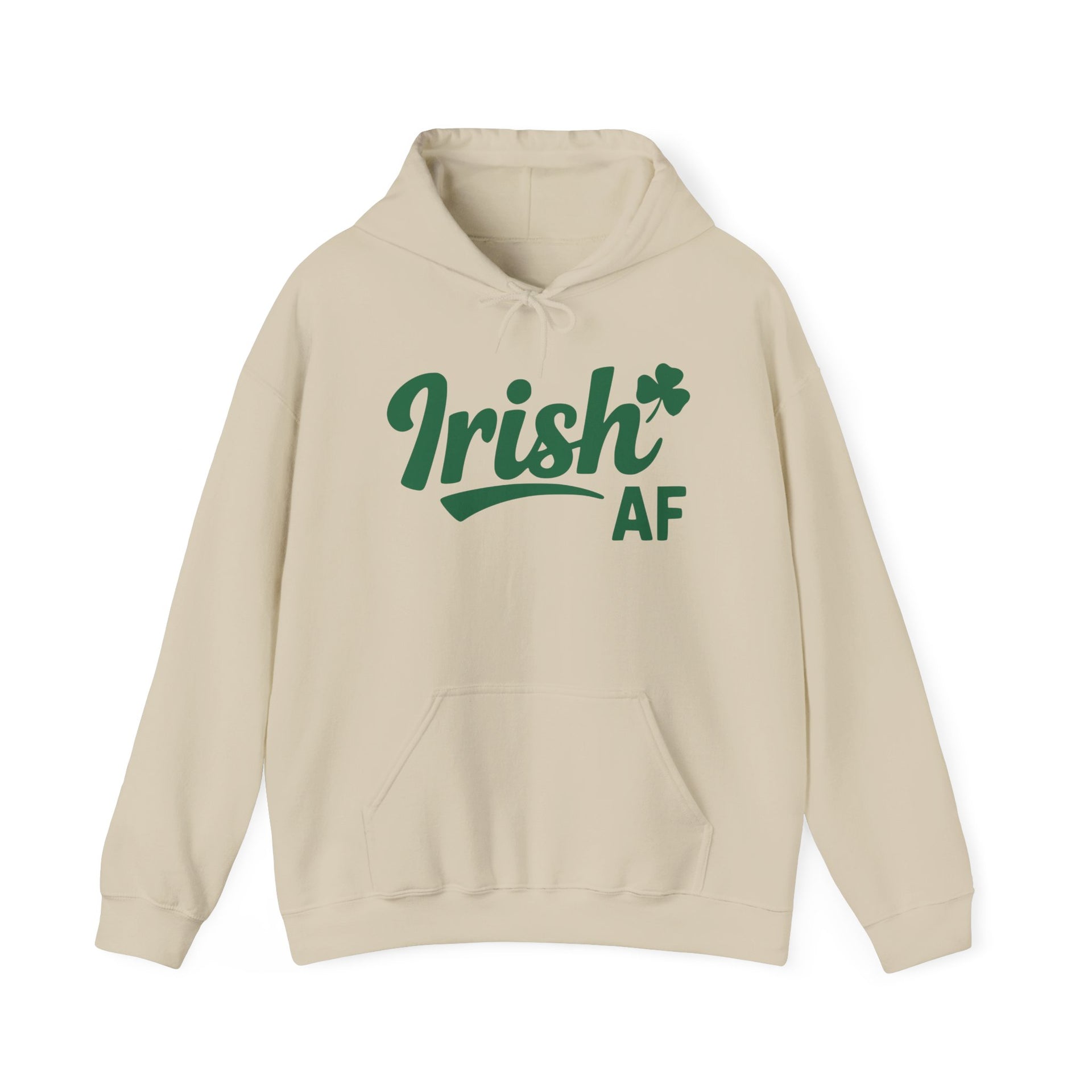 Beige hoodie with the phrase Irish AF funny St Patricks Day design