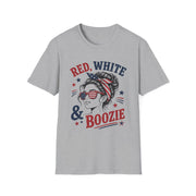 Red White & Boozie summer party tee with patriotic woman illustration