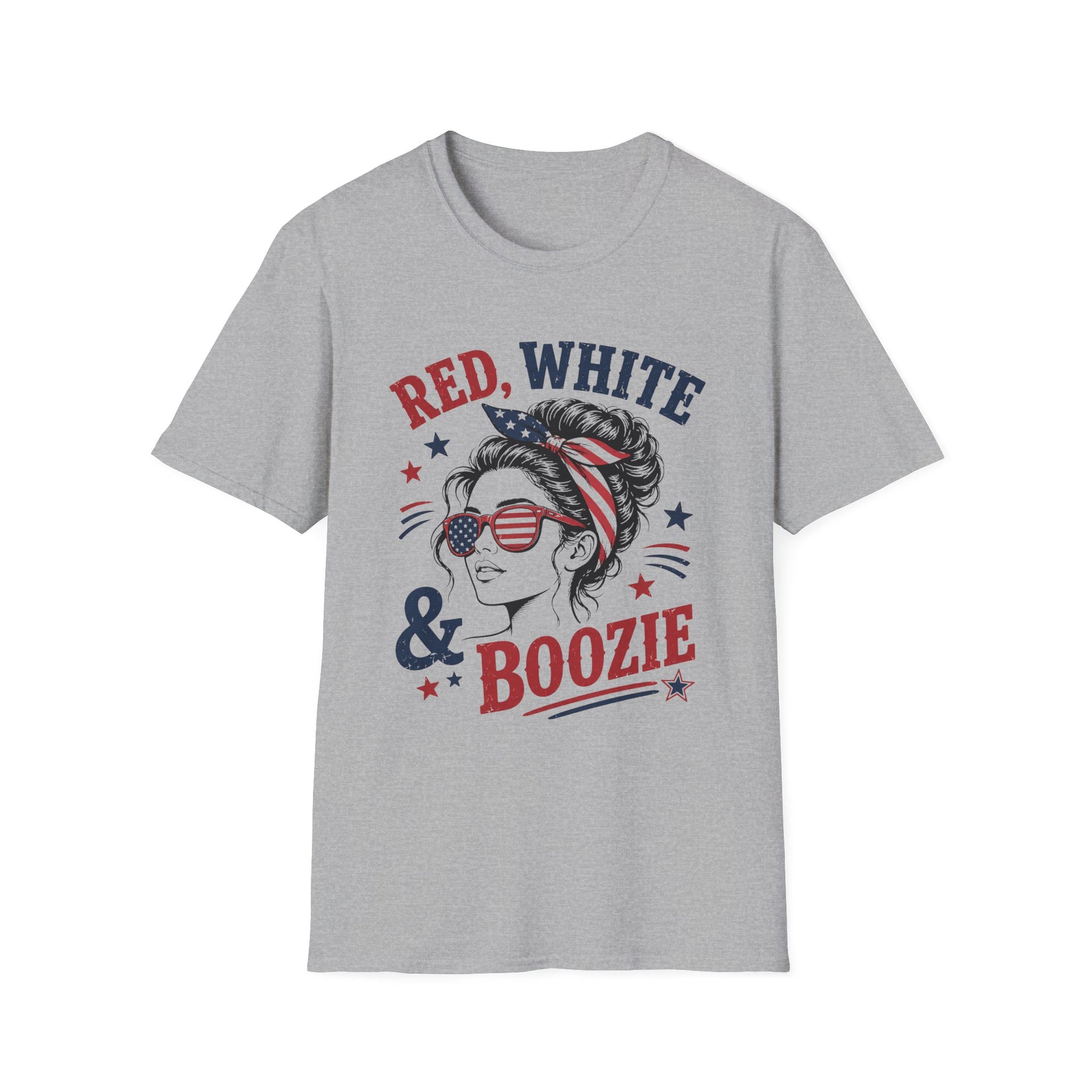 Red White & Boozie summer party tee with patriotic woman illustration