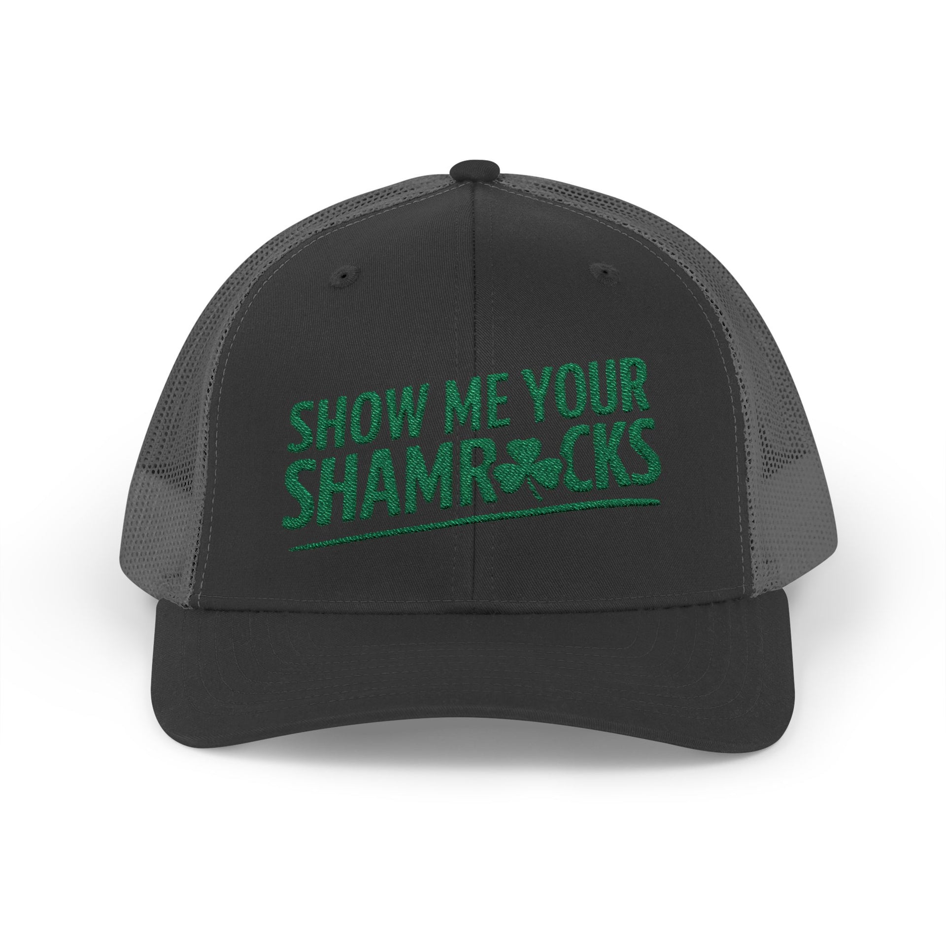 a black and gray curved trucker hat with 'Show Me Your Shamrocks' text funny st patricks day pub crawl design