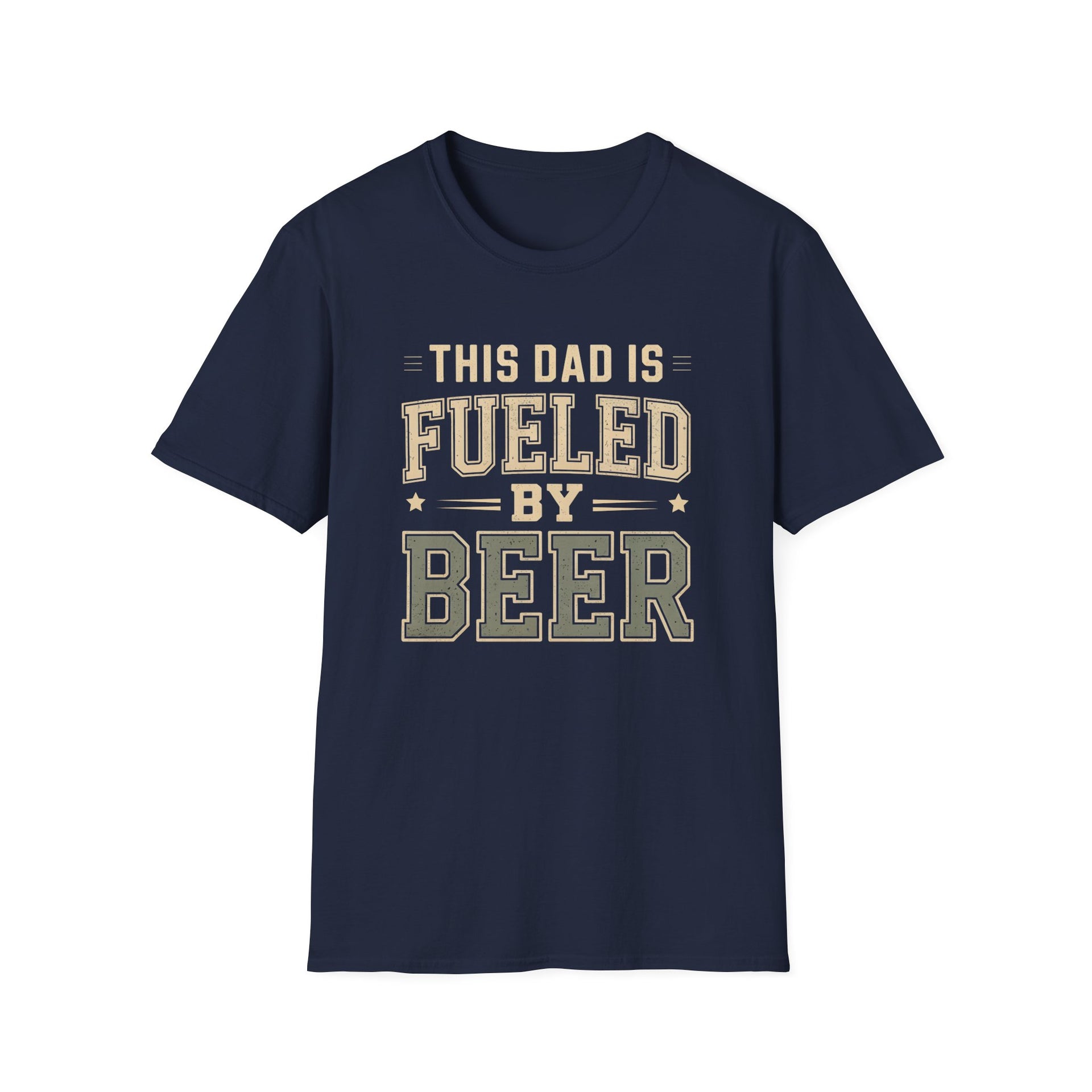 a navy t-shirt with 'This Dad is Fueled by Beer' text funny father's day gift