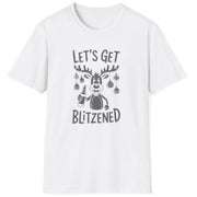 Funny Christmas Drinking Short Sleeve Shirt with a reindeer holding a beer with ornaments draped from his antlers and the text "Let's Get Blitzened" - White
