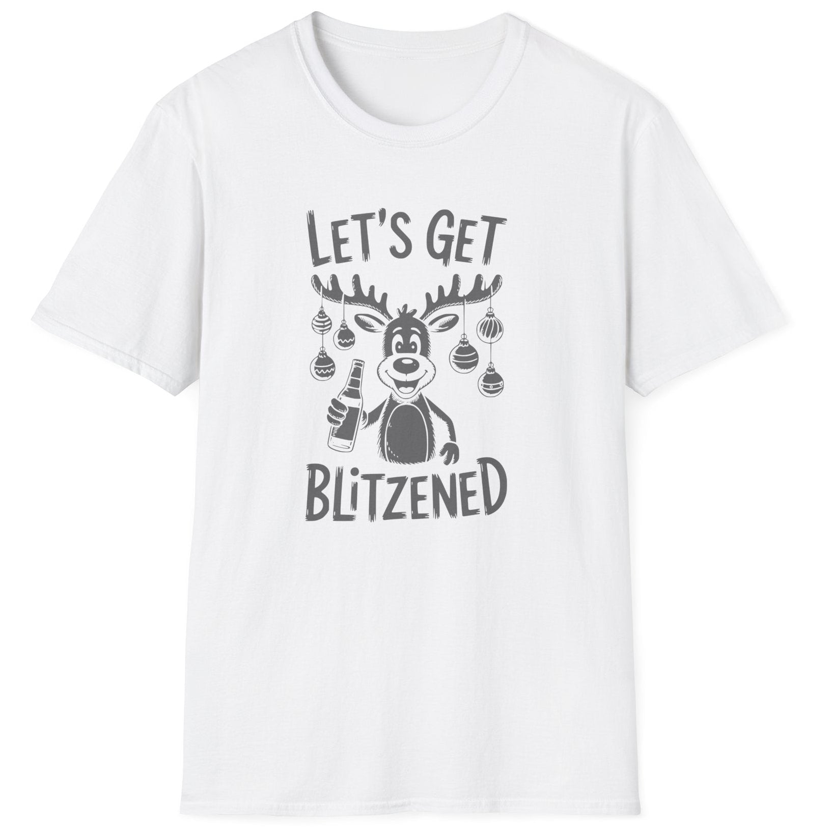 Funny Christmas Drinking Short Sleeve Shirt with a reindeer holding a beer with ornaments draped from his antlers and the text "Let's Get Blitzened" - White