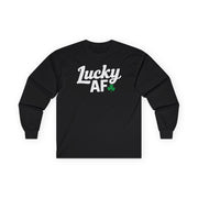 black long-sleeve shirt with the phrase 'Lucky AF' funny St Patricks Day design.