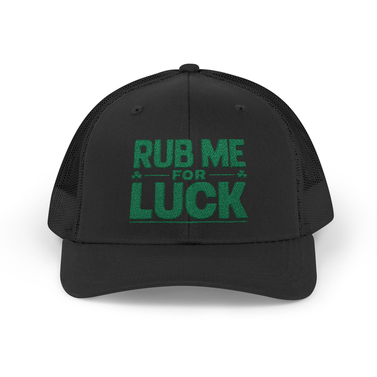 a black curved bill trucker hat with 'Rub Me for Luck' text funny st patricks day pub crawl design