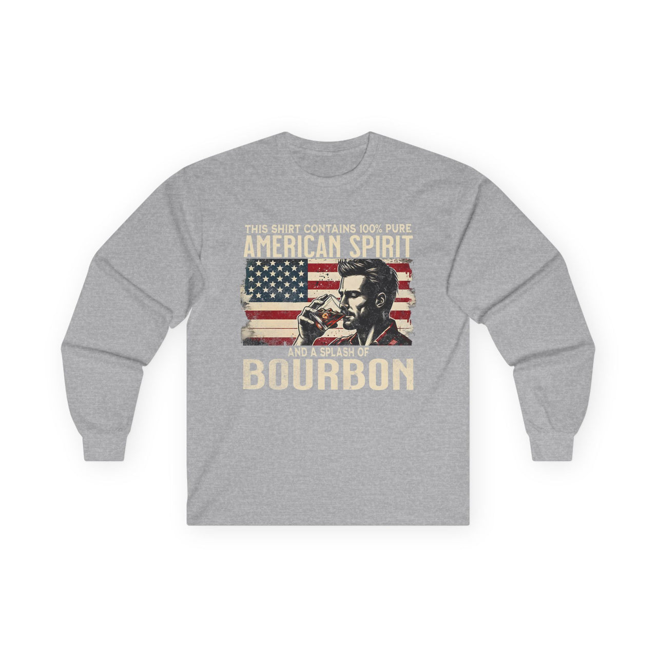 4th of July – This Shirt Contains 100% American Spirit and a Splash of Bourbon – Patriotic Heavy Cotton Long Sleeve Tee