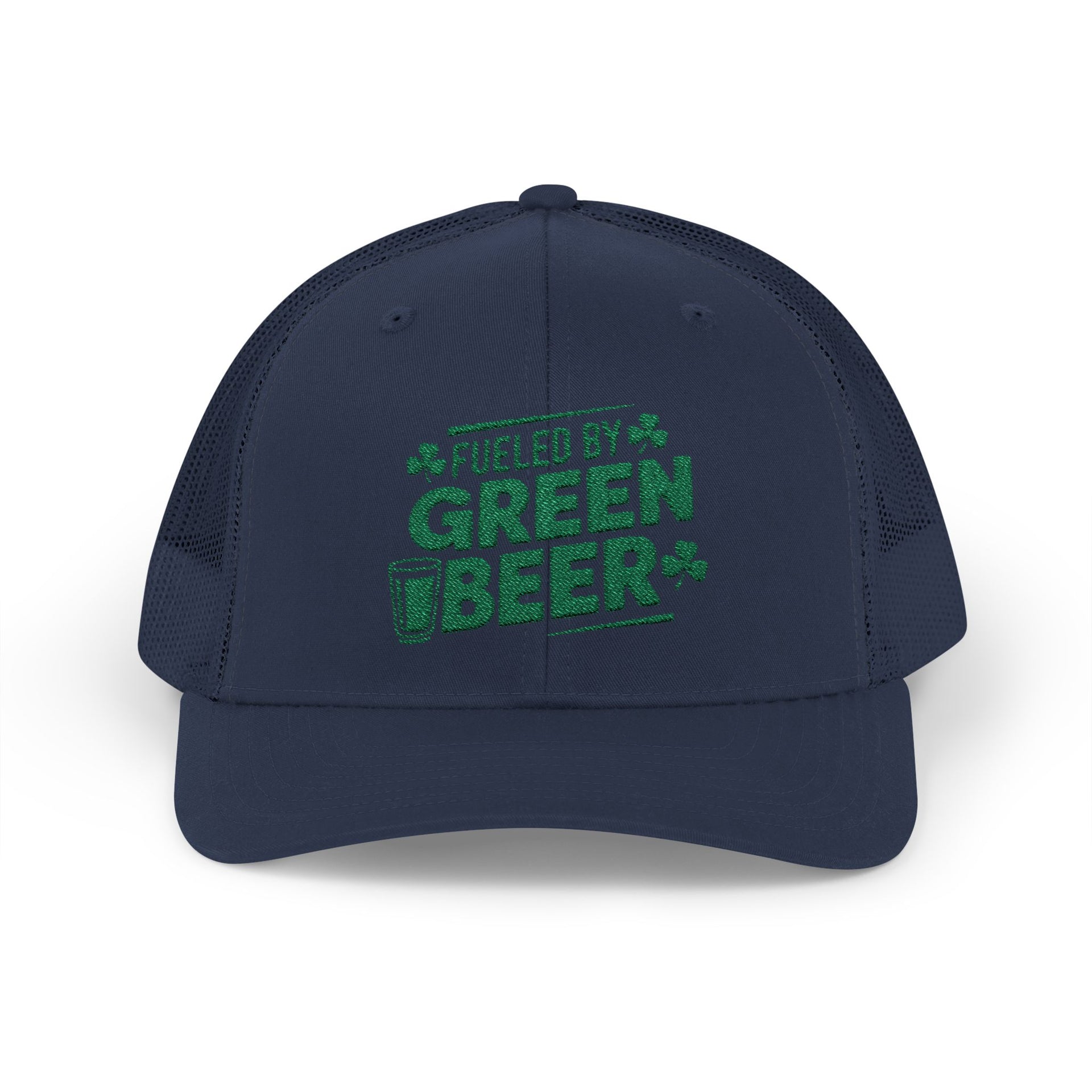 navy curved trucker hat with the phrase 'Fueled by Green Beer' funny St Patricks Day pub crawl design