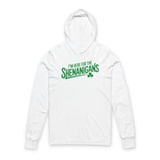 white hoodie with the phrase "i'm here for the shenanigans" funny st patricks day design