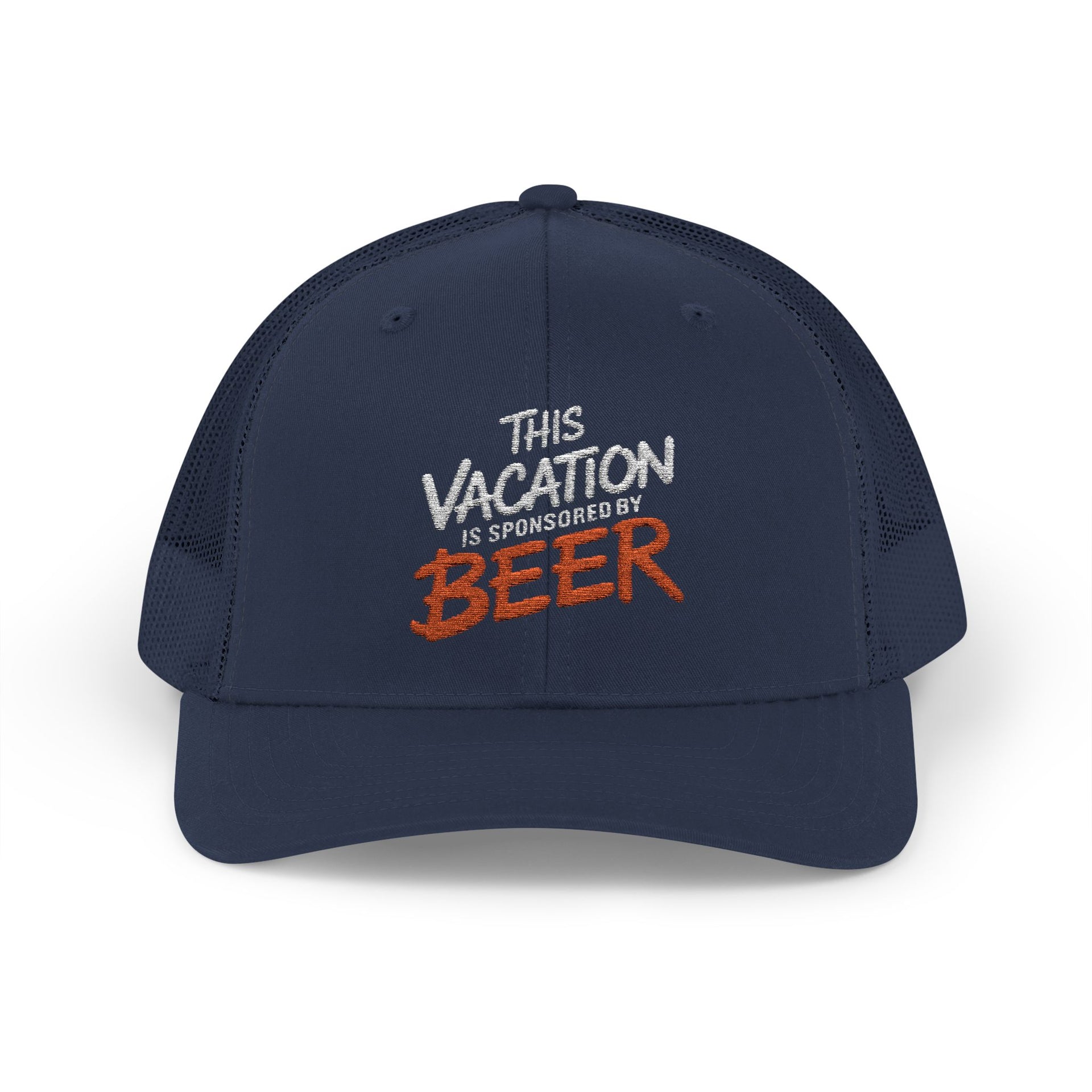a navy embroidered trucker cap  with text 'This vacation is sponsored by beer' funny spring break, beach vacation, lake season design