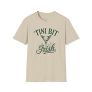 beige t-shirt with 'Tini Bit Irish' graphic design funny st patricks day design