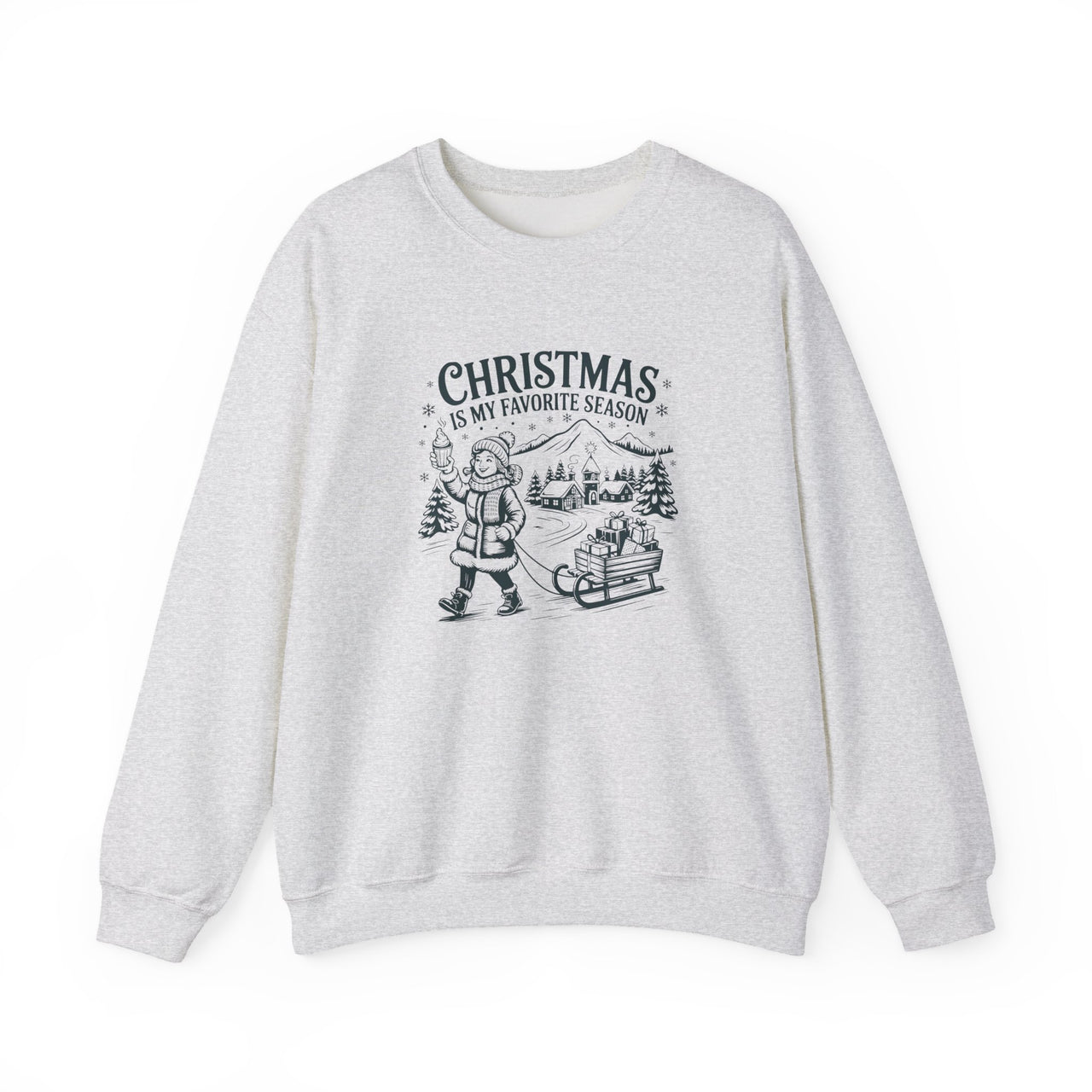 Christmas Is My Favorite Season vintage winter village sweatshirt with cozy retro holiday artwork for a seasonal crewneck