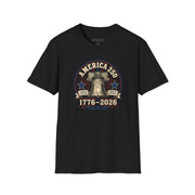 a black t-shirt with a 'America 250' Patriotic 4th of July, Memorial Day design