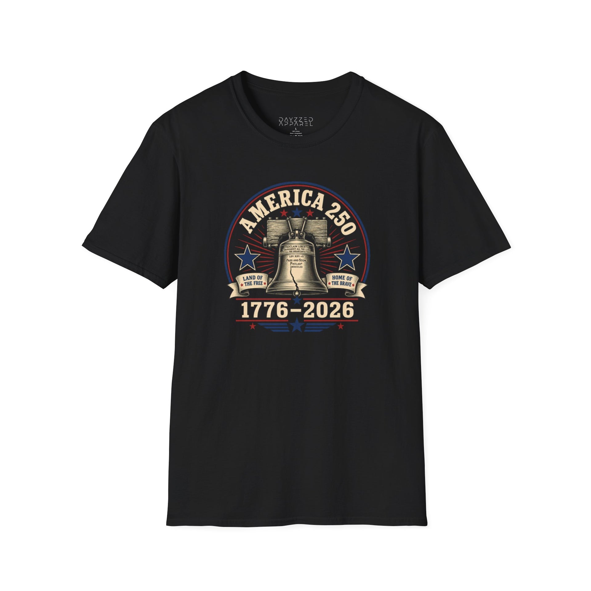 a black t-shirt with a 'America 250' Patriotic 4th of July, Memorial Day design