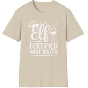 Funny Christmas Humor Short Sleeve Shirt with wine glass and elf hat and the text and the text Elf Certified Wine Taster - Sand