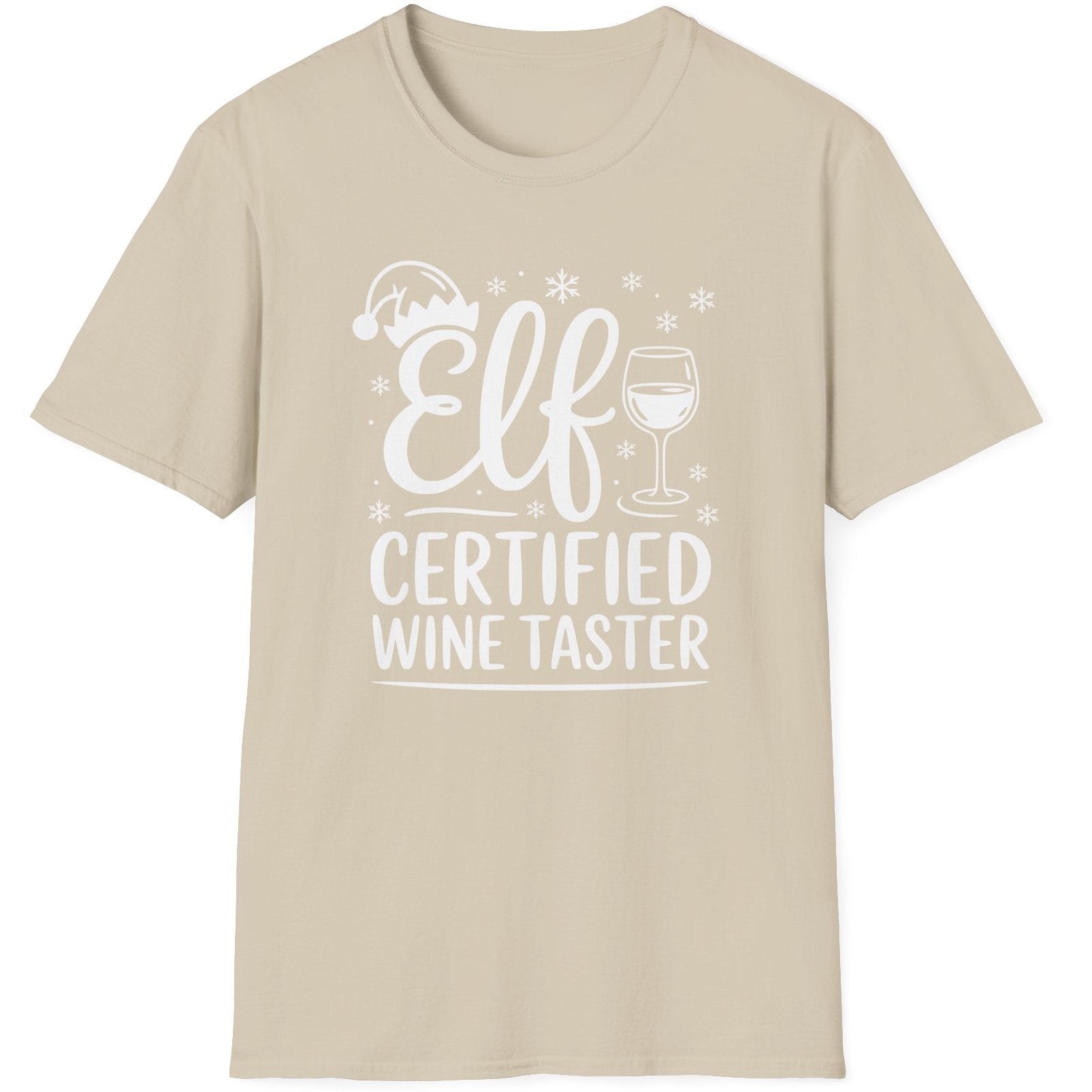 Funny Christmas Humor Short Sleeve Shirt with wine glass and elf hat and the text and the text Elf Certified Wine Taster - Sand