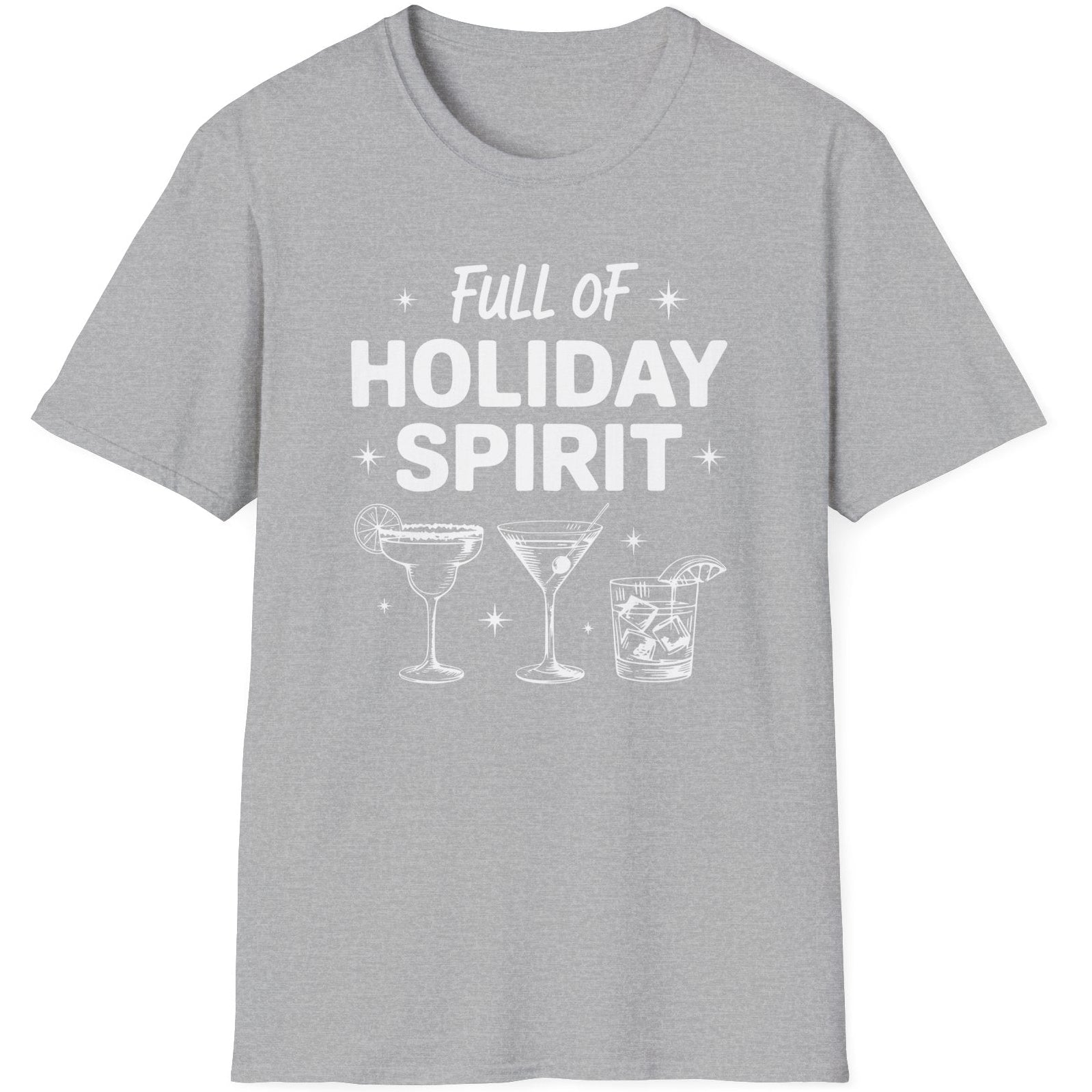 Funny Christmas Drinking Short Sleeve Shirt with three cocktails glasses and the text "Full of Holiday Spirit" - Sport Grey