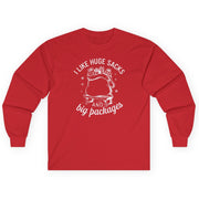 funny christmas red long-sleeve shirt with the phrase i like huge sacks and big packages