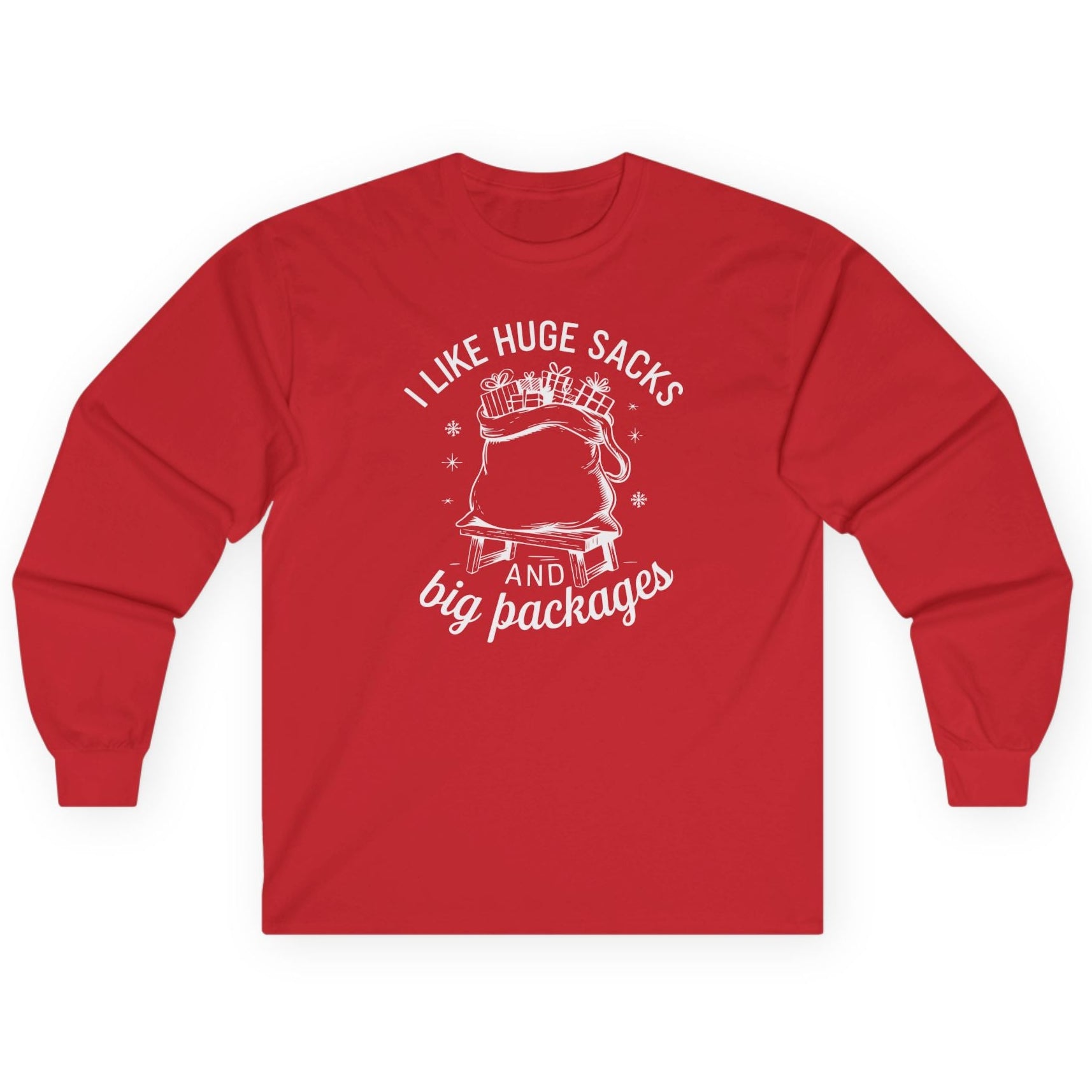 funny christmas red long-sleeve shirt with the phrase i like huge sacks and big packages