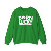 green sweatshirt with 'Born Lucky' text and green clover funny st patricks design