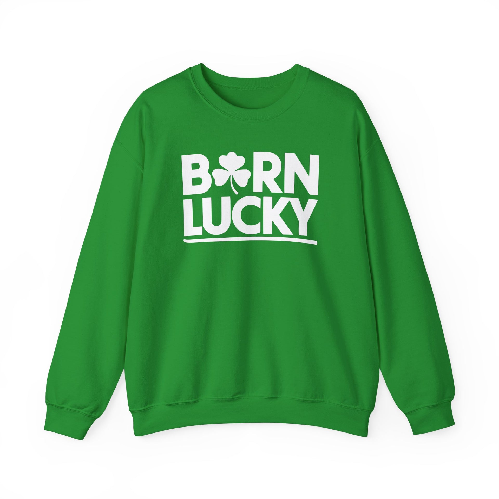 green sweatshirt with 'Born Lucky' text and green clover funny st patricks design