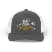 Woman wearing a charcoal and white curved trucker hat with embroidered text 'Bad Decisions Incoming'  funny Spring Break, Girls rips, Guys Trips, Beach Trips, Bachelor or Bachelorette design