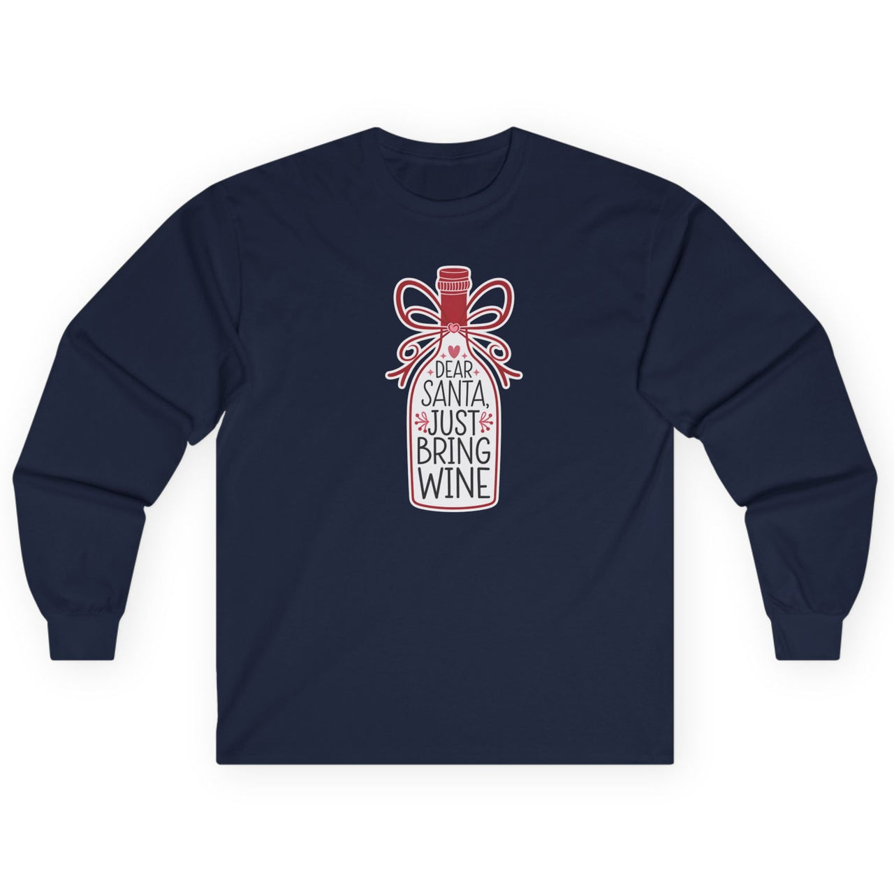 Navy blue long-sleeve shirt with a graphic design on a white background