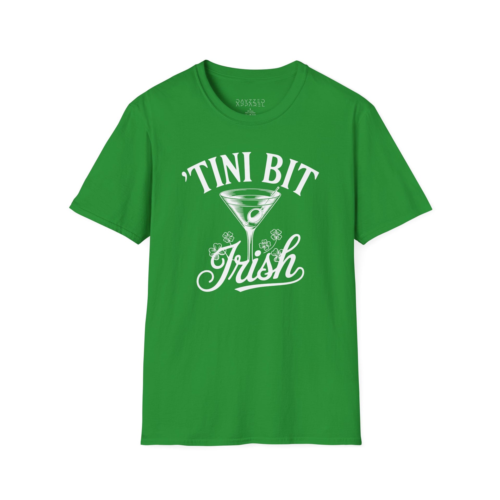 green t-shirt with 'Tini Bit Irish' graphic design funny st patricks day design