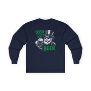Navy long sleeve tee with leprechaun graphic and text 'Irish I had more beer' funny St Patricks pub crawl and parade design