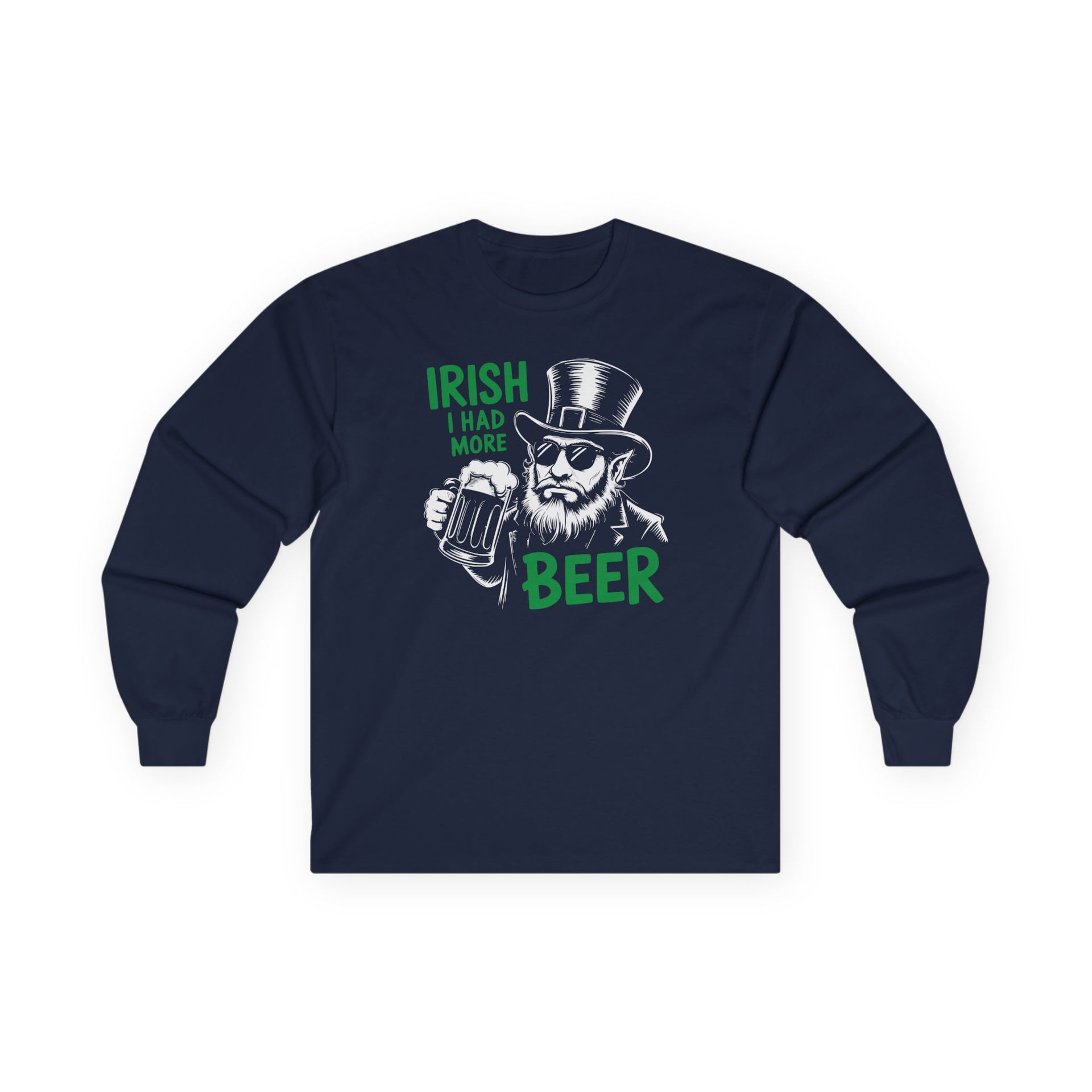 Navy long sleeve tee with leprechaun graphic and text 'Irish I had more beer' funny St Patricks pub crawl and parade design