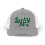  a gray and white curved bill trucker hat with 'Lucky AF' text funny st patricks day pub crawl design
