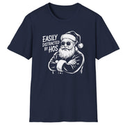 Funny Christmas Humor Short Sleeve Shirt with santa arms corssed and the text and the text "Easily Distracted By Hos" -  Navy Blue