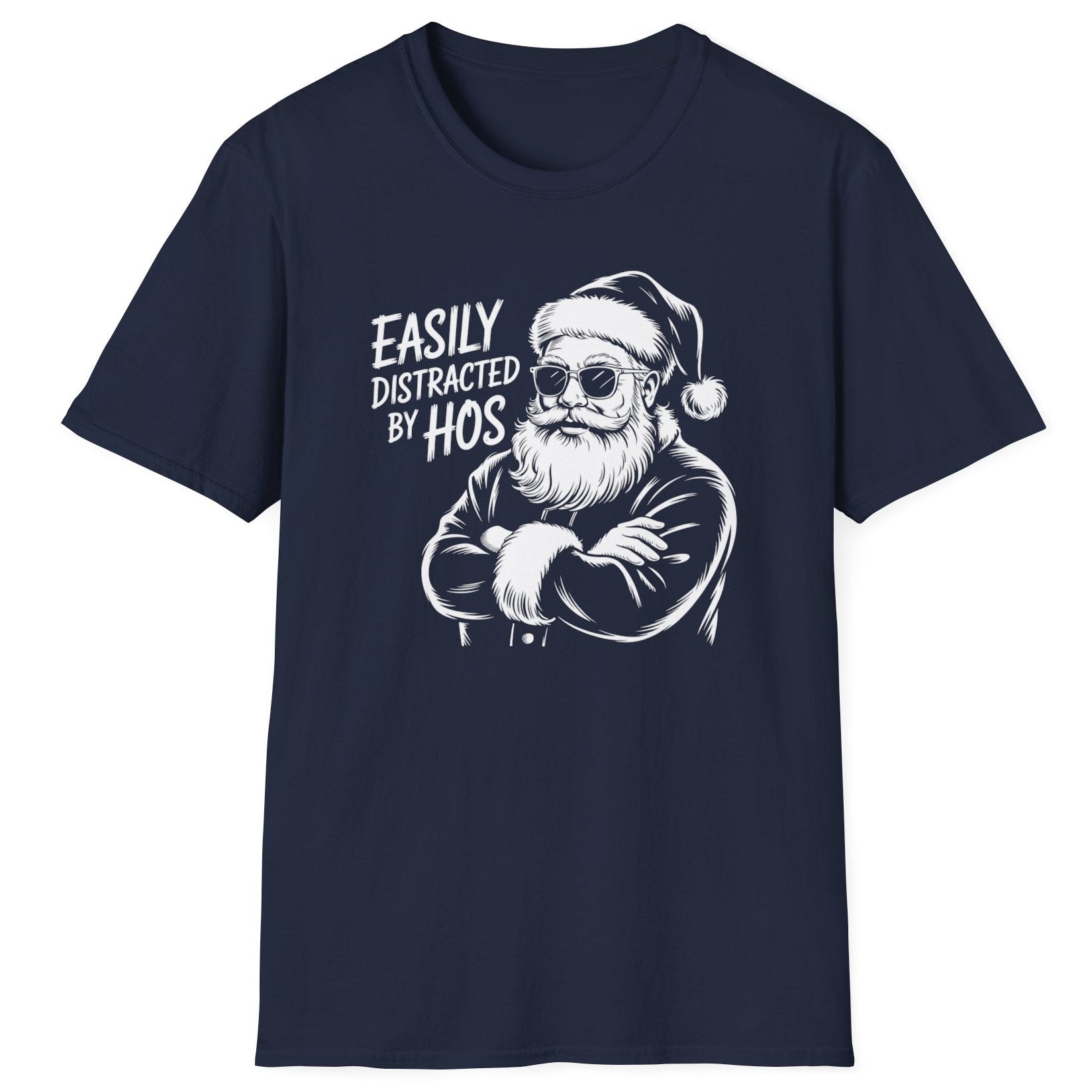 Funny Christmas Humor Short Sleeve Shirt with santa arms corssed and the text and the text "Easily Distracted By Hos" -  Navy Blue