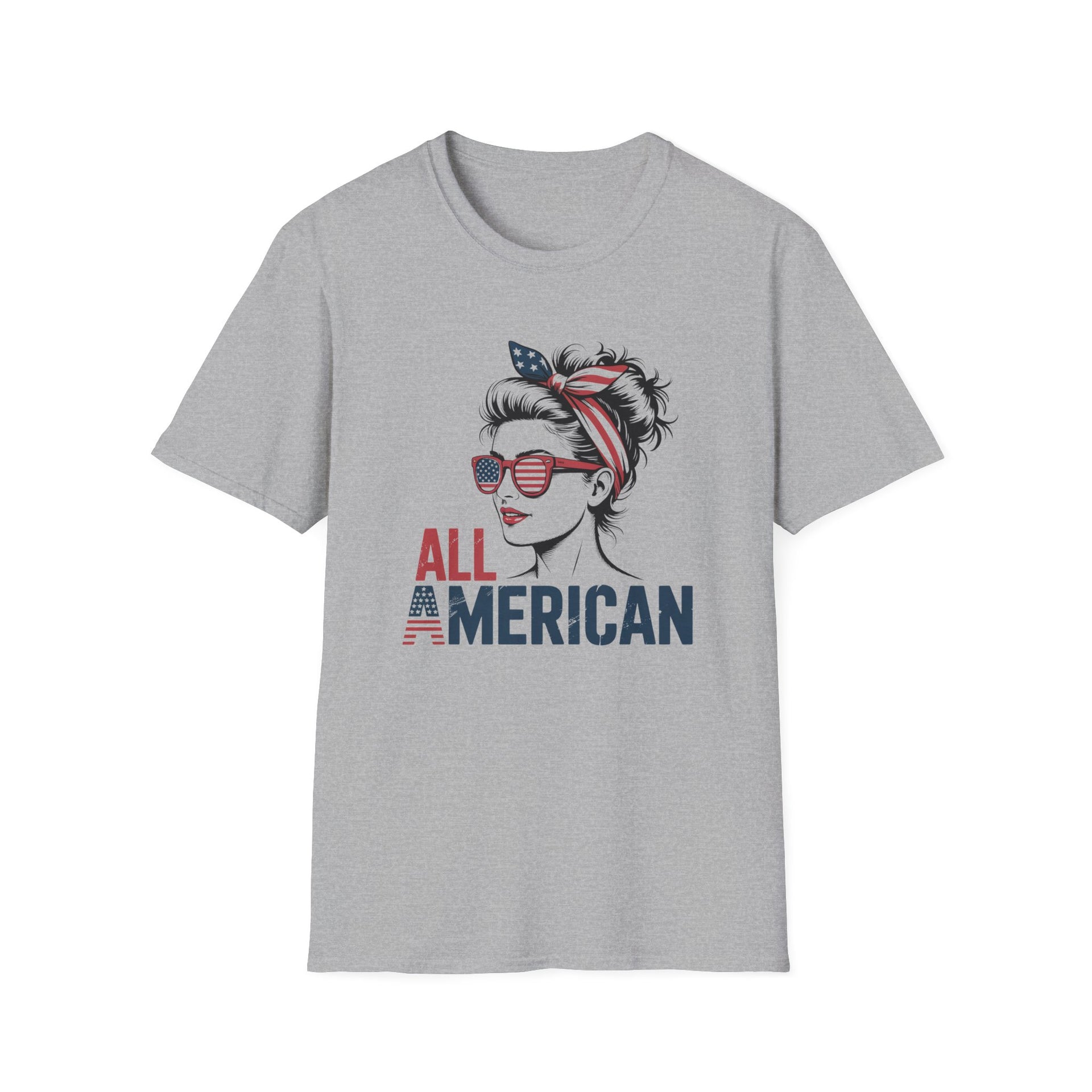 Gray t-shirt with a graphic of a woman wearing sunglasses and an American flag headband, with 'All American' text.