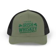 a green and black curved trucker hat with the phrase 'Fueled by Irish Whiskey' funny St Patricks Day Pub crawl and parade design