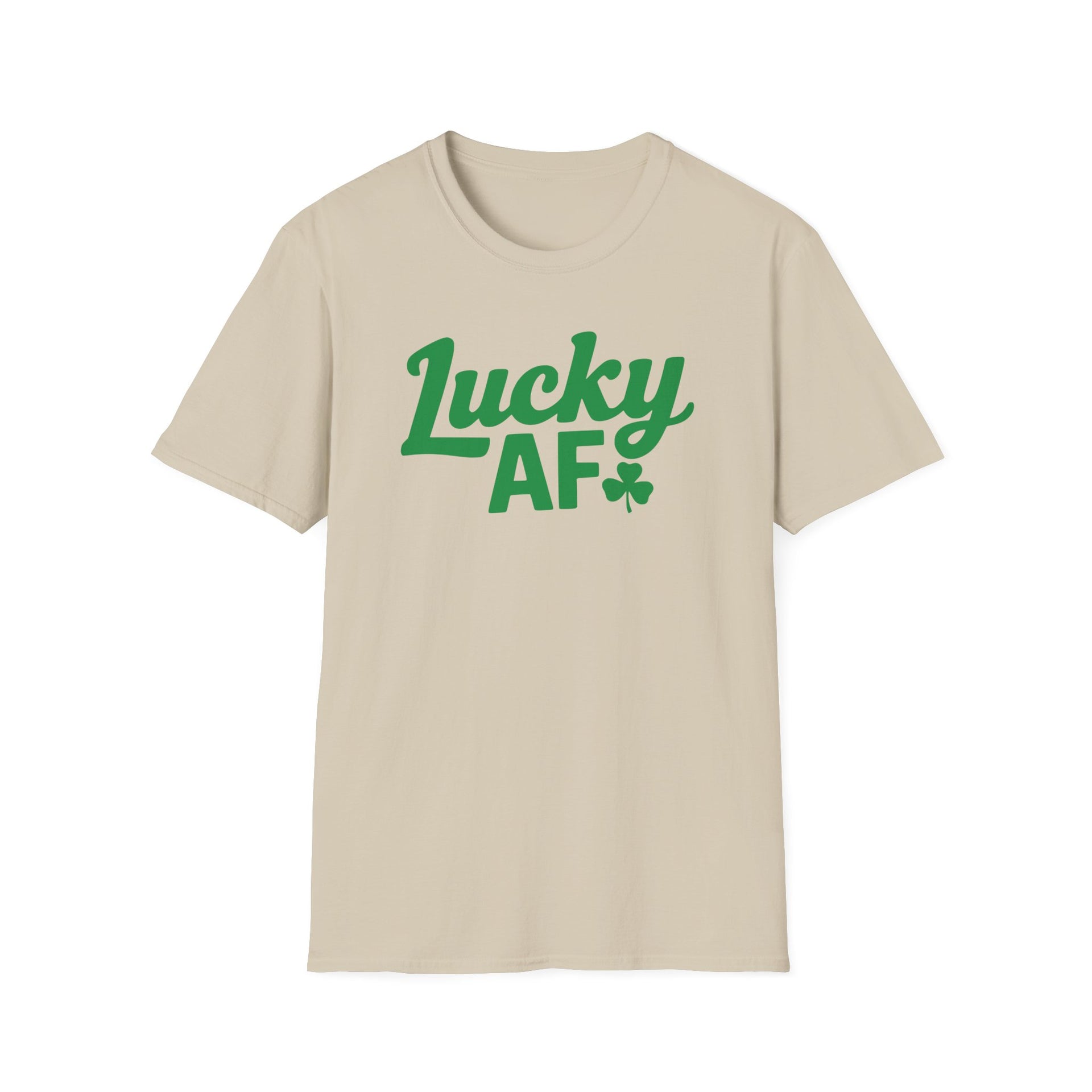 Beige t-shirt with the phrase 'Lucky AF' funny st patricks day design