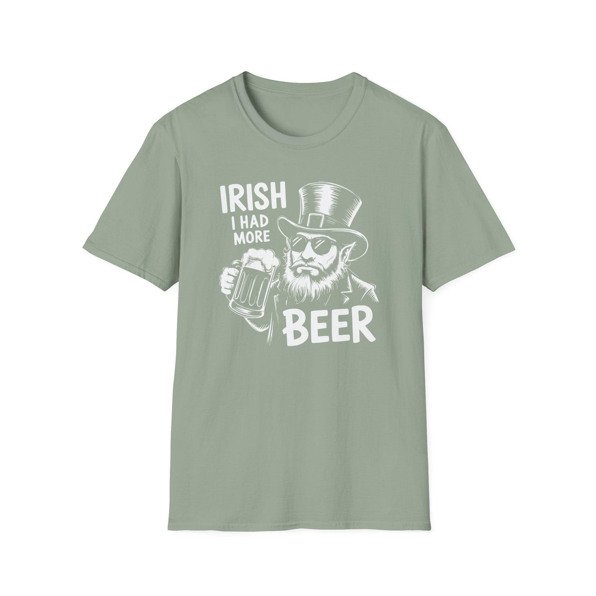 a green t-shirt with 'Irish I had more beer' graphic design funny St Patricks Day pub crawl and parade design