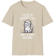 Beige t-shirt with a grumpy cat graphic and the phrase im on the naughty list and i regret nothing funny christmas sweater